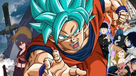 Feature header showing characters from Dragon Ball Super, Kill la Kill, and Mob Psycho 100