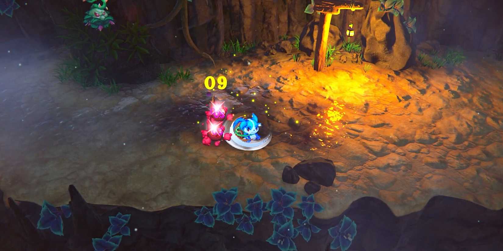 Blu fights a monster in a cave in Eden's Frontier.