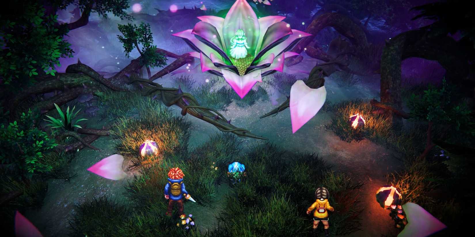 Blu, Seth, and Maria observe a person emerge from a flower in Eden's Frontier.