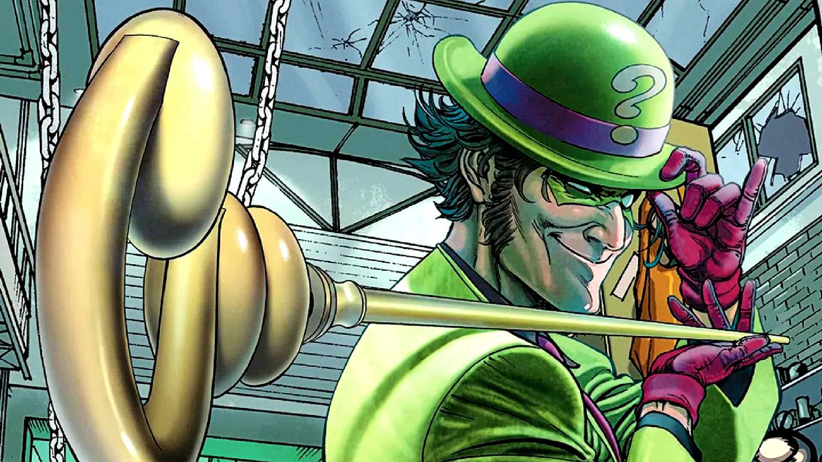 Edward Nygma aka the Riddler tips his hat in DC Comics art