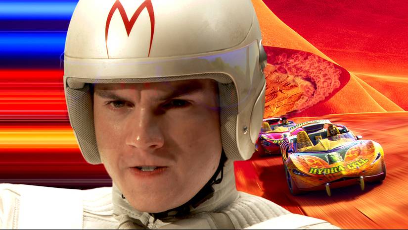Emile Hirsch's Speed looking intense in his racing suit with cars driving in the background in Speed Racer YT