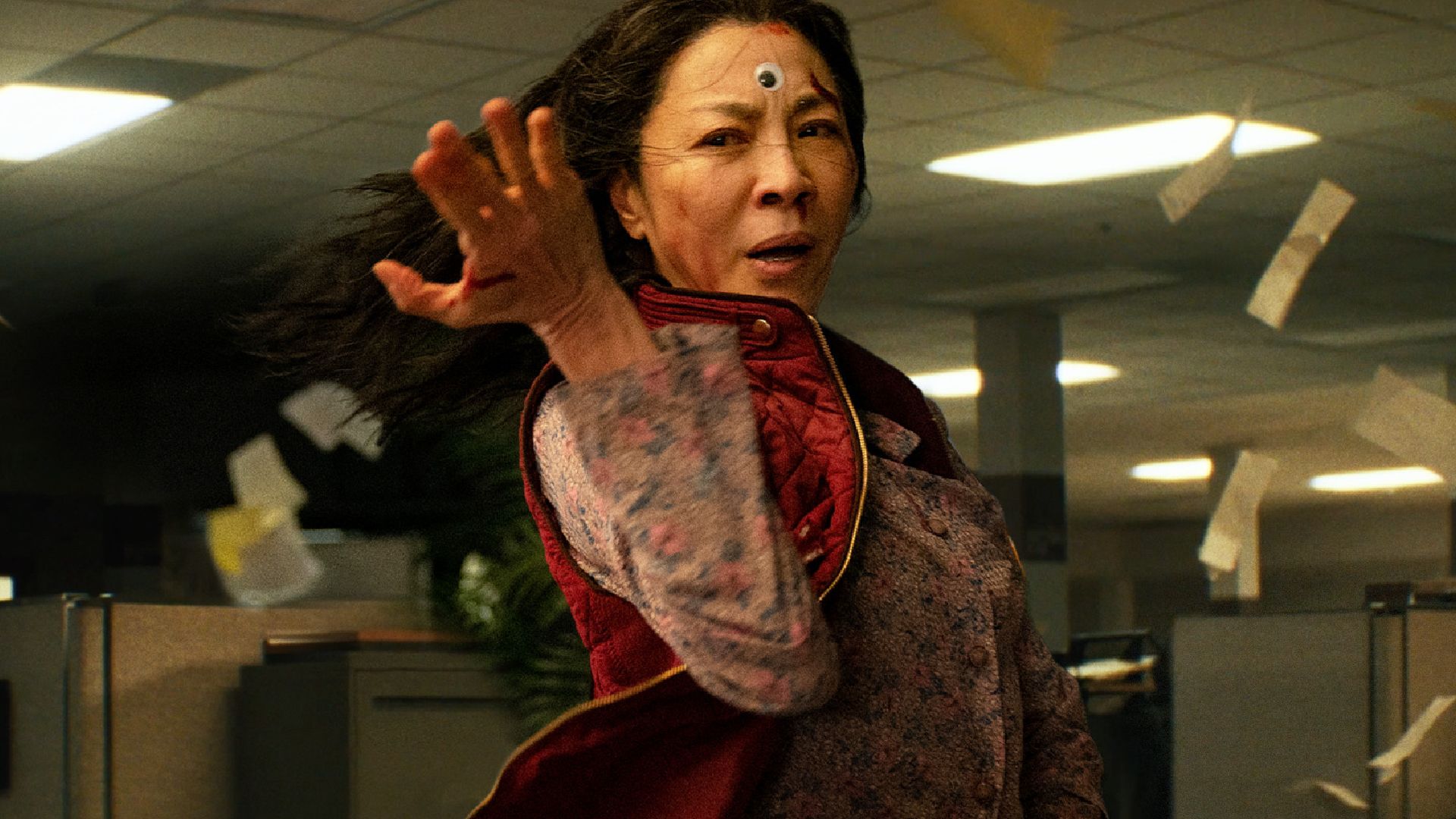 Everything Everywhere All at Once still showing Michelle Yeoh's Evelyn Quan Wang