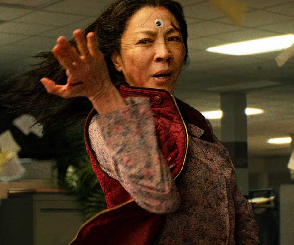 Everything Everywhere All at Once still showing Michelle Yeoh's Evelyn Quan Wang