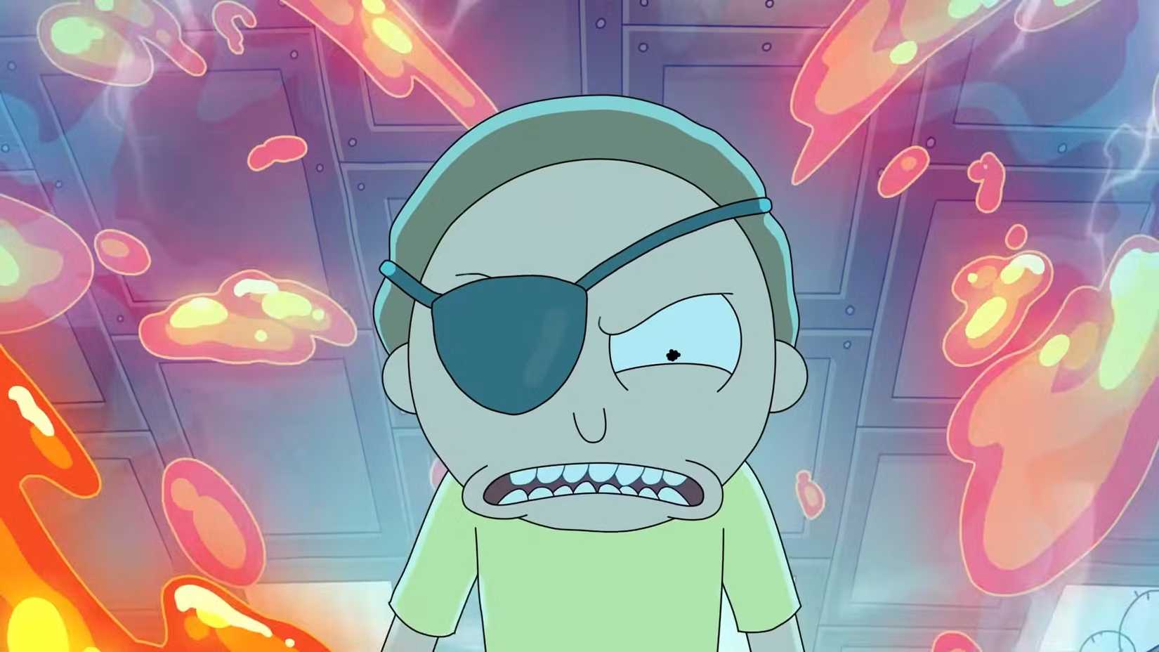evil morty looking angry with lava around him in rick and morty season 9
