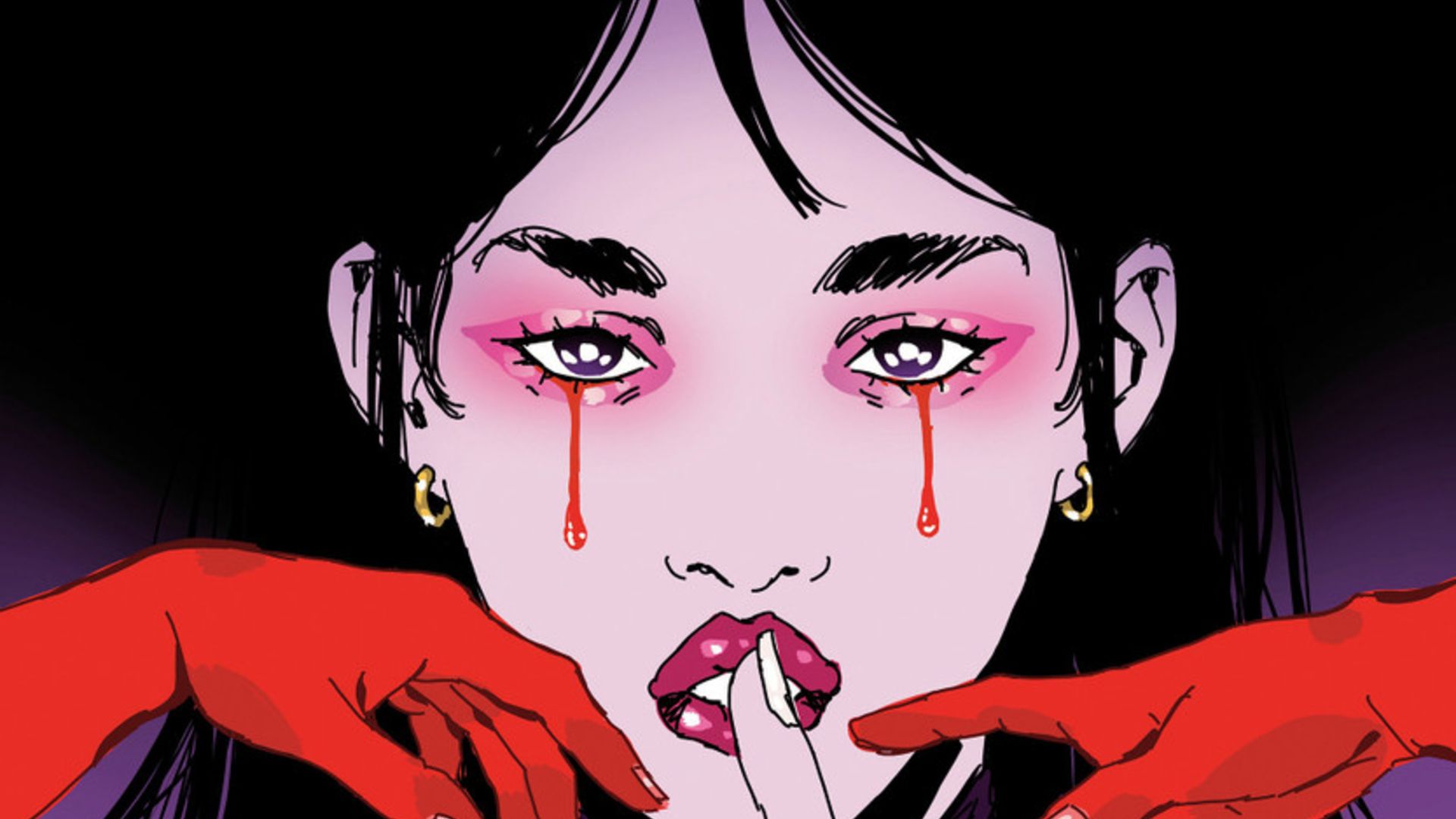 A woman cries tears of blood as she holds a shushing finger to her lips, two red hands reach for her face.