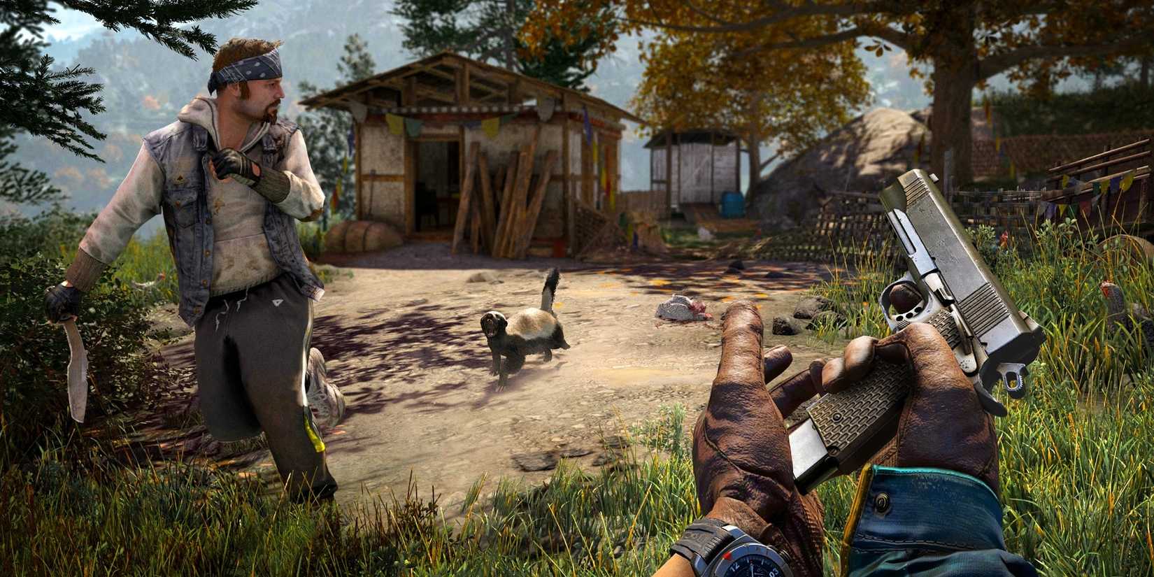 Far Cry 4 character reloads a pistol while a man is being chased by a honey badger.