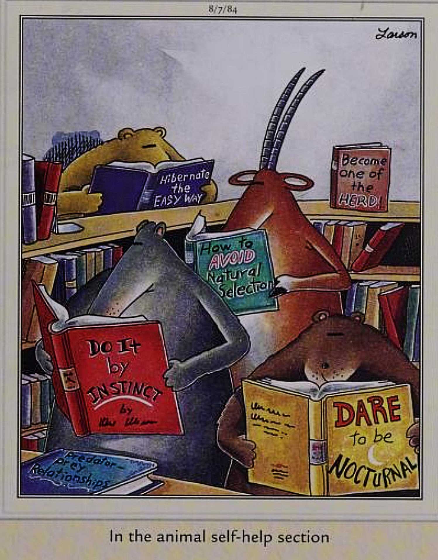 Far Side, August 7, 1984, 'animal self-help section'