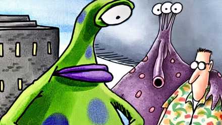 Far Side, green alien, purple alien, and a human