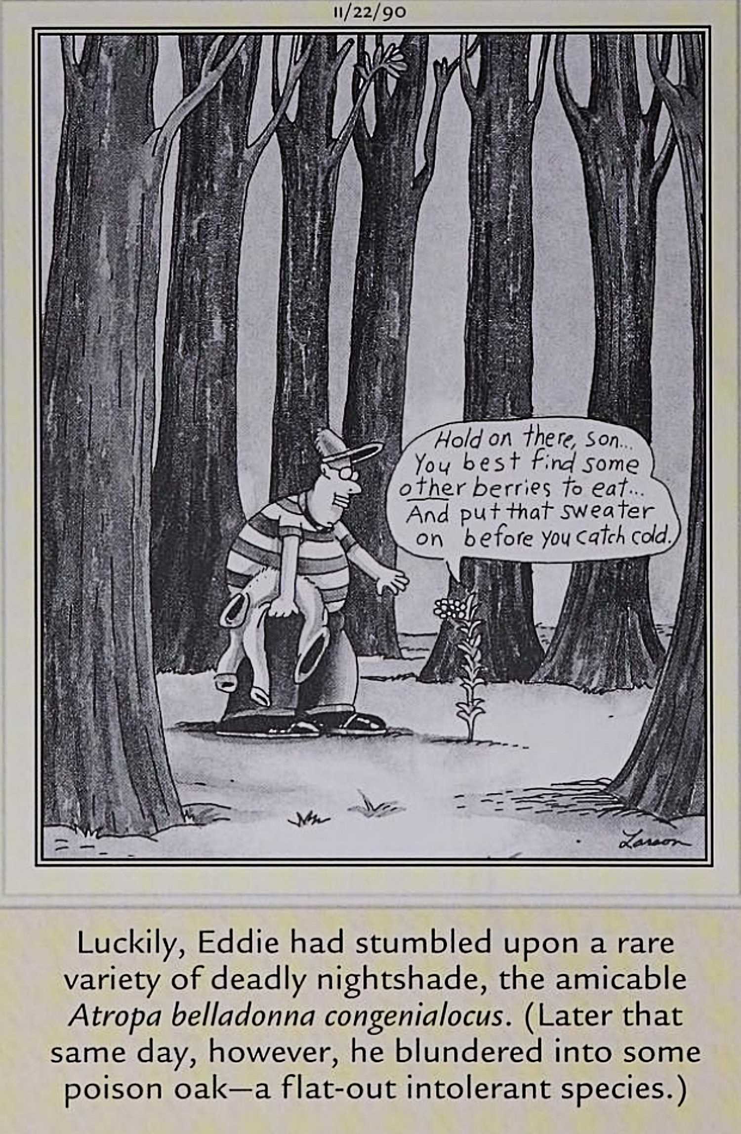 Far Side, November 22, 1990, a kid and a plant in the forest