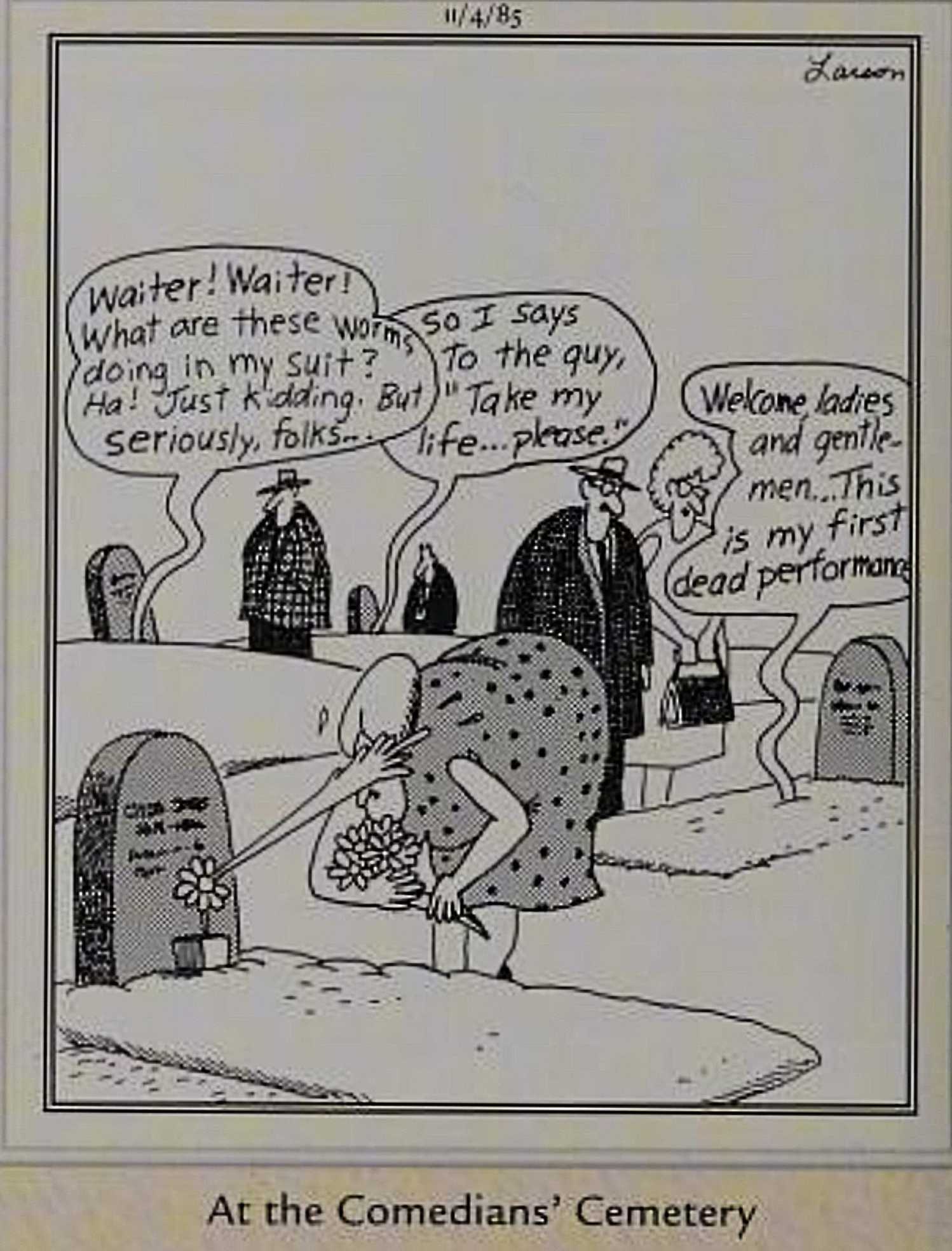 Far Side, November 4, 1985, 'the comedians' cemetery'