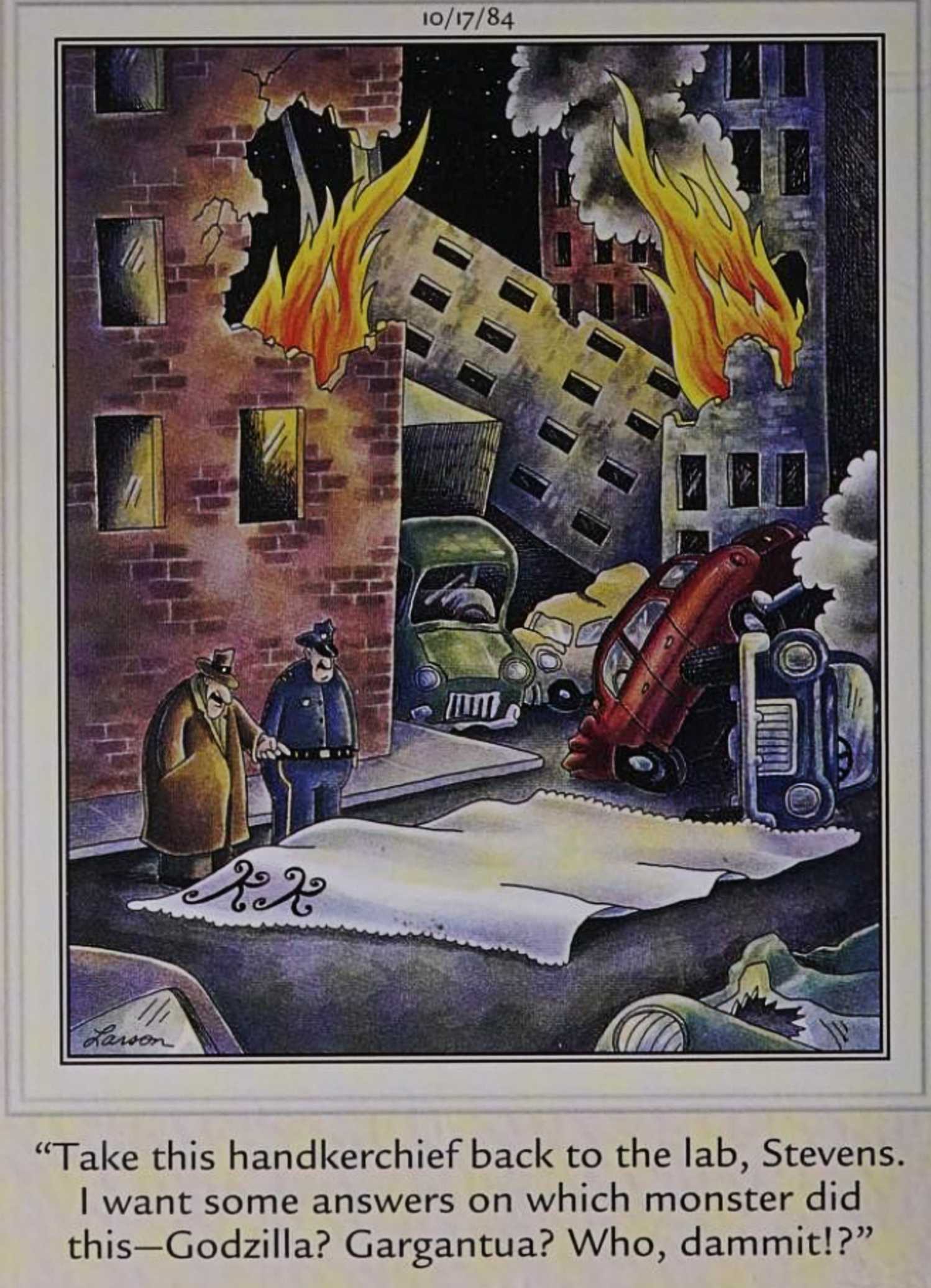 Far Side, October 17, 1984, a city in ruins after being attacked by King Kong