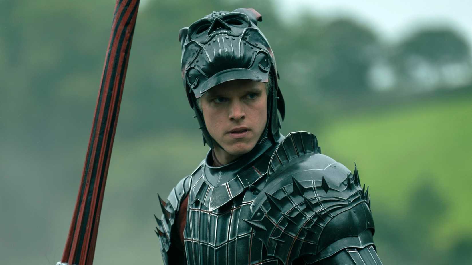 Finn Bennett as Aerion Targaryen in armor in A Knight of the Seven Kingdoms season 1