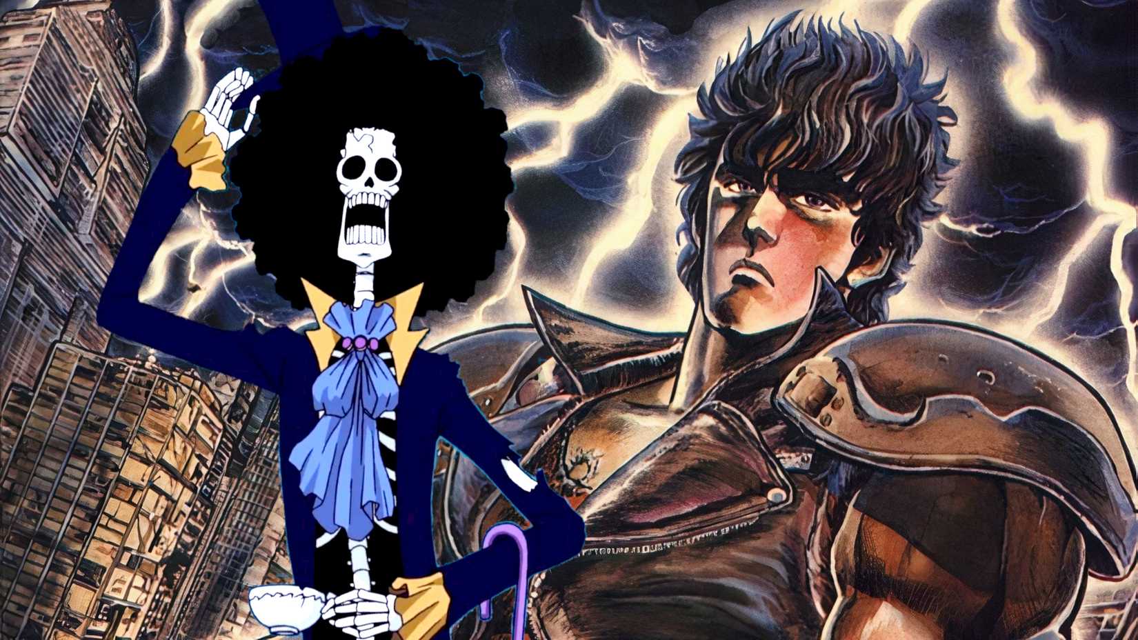 Image du poing de l'étoile polaire Kenshiro qui semble stohique tandis que la foudre frappe les gratte-ciel en arrière-plan. Brook, le squelette de One Piece, se tient à côté de lui, une tasse de thé dans une main et lui inclinant son haut-de-forme dans l'autre.