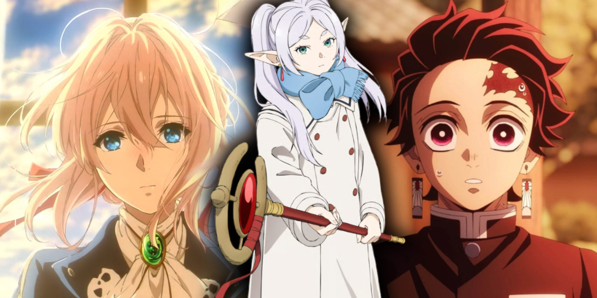 Frieren fron Frieren Beyond Journey's End in front of Violet Evergarden and Tanjiro from Demon Slayer - Anime Featured Image
