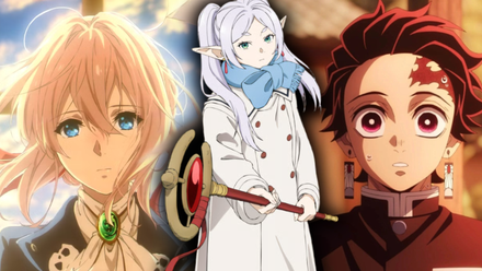 Frieren fron Frieren Beyond Journey's End in front of Violet Evergarden and Tanjiro from Demon Slayer - Anime Featured Image