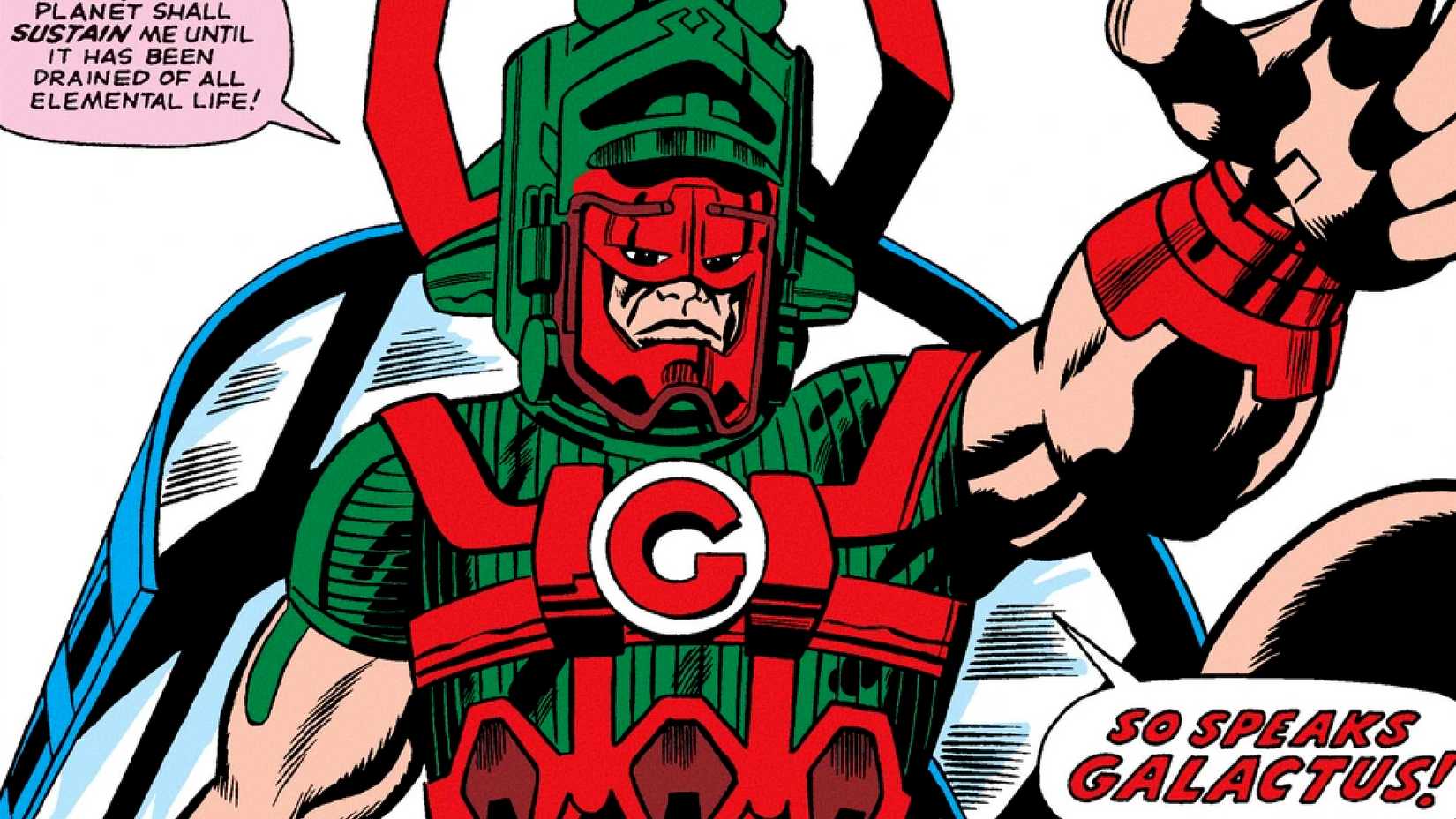 Galactus makes his comic book debut in Fantastic Four #48 with a red and green color scheme