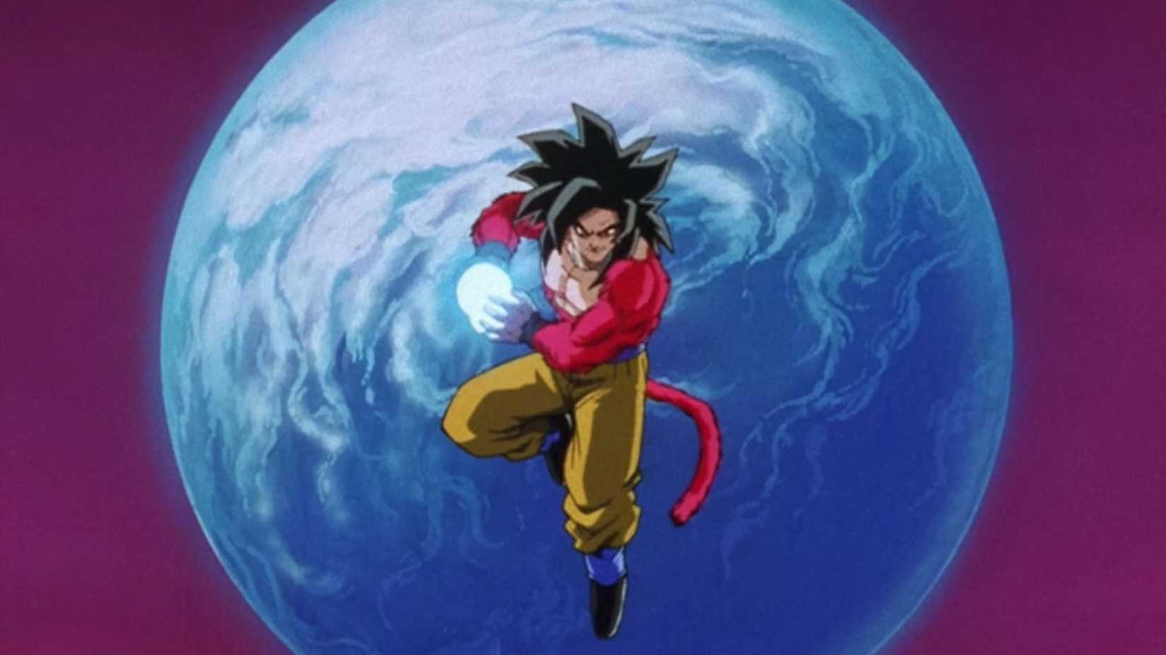 Goku charging his 10x Kamehameha in front of the moon in Dragon Ball GT.
