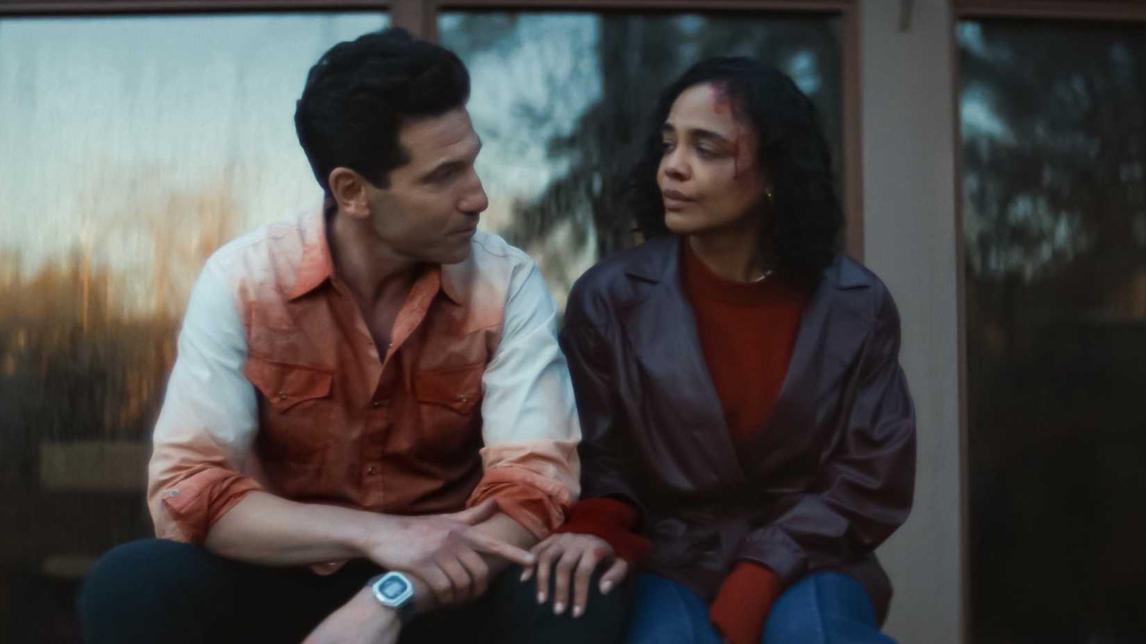 Jon Bernthal and Tessa Thompson covered in blood in Netflix's His & Hers