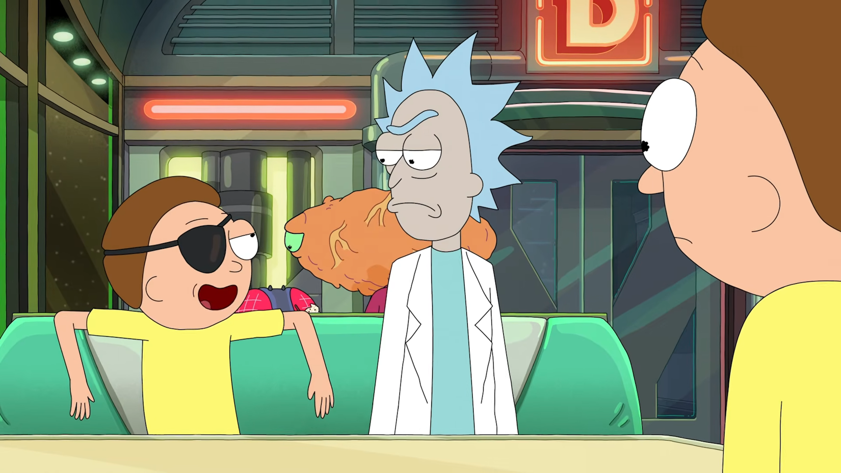 Morty observa Rick e Evil Morty em Rick and Morty