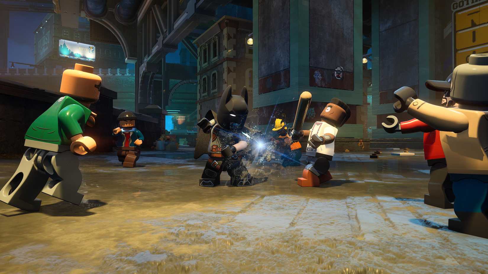 Batman fighting criminals in LEGO Batman Legacy of the Dark Knight