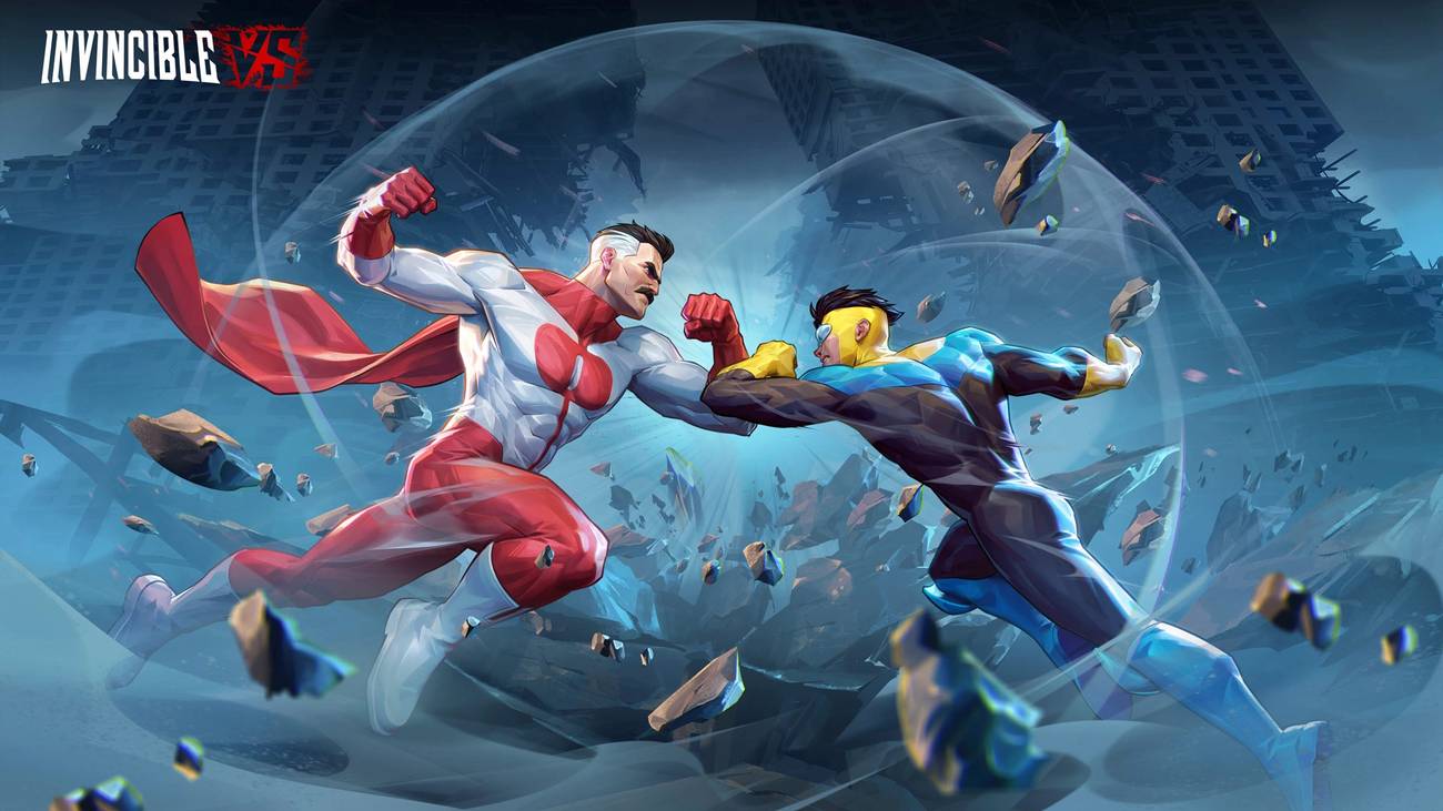 Invincible and Omniman about to clash in a ruined cityscape.