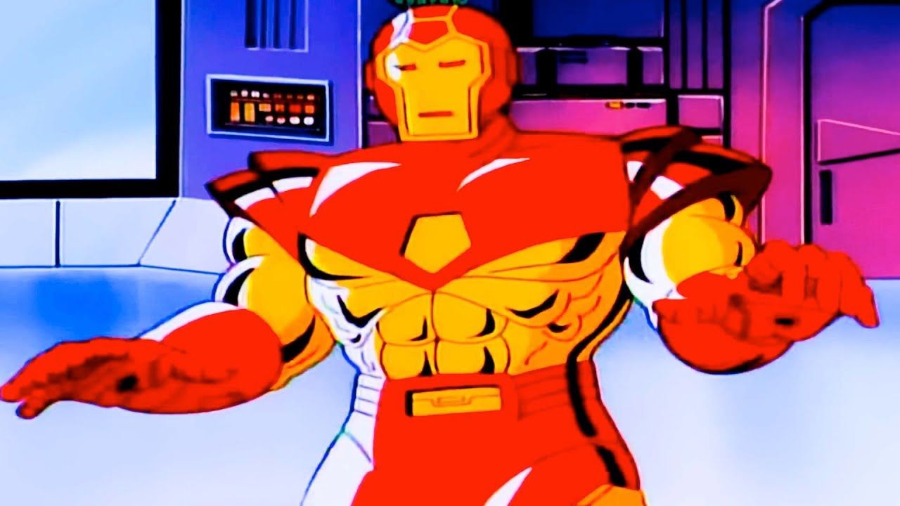 Iron Man with his arms outstretched in Iron Man.