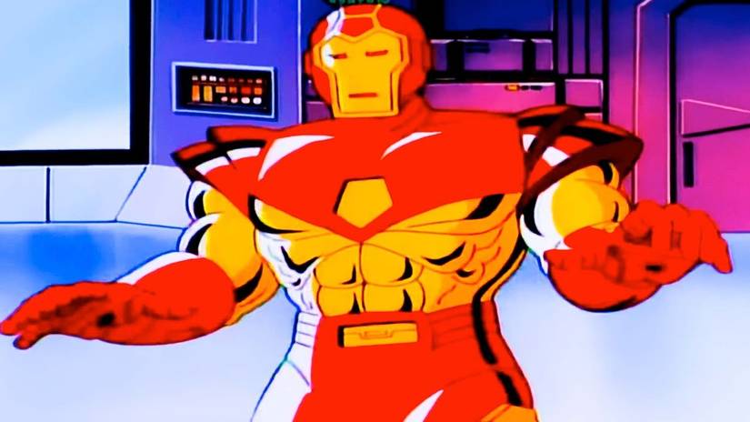 Iron Man with his arms outstretched in Iron Man.