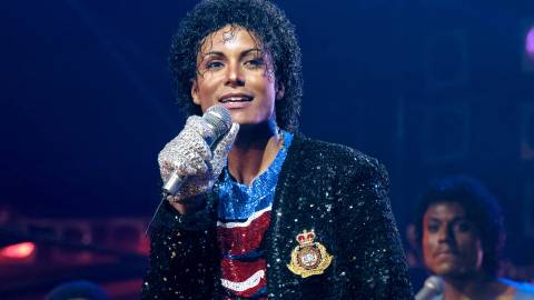 Jaafar Jackson as Michael Jackson performing in a spangled jacket in Michael 2026