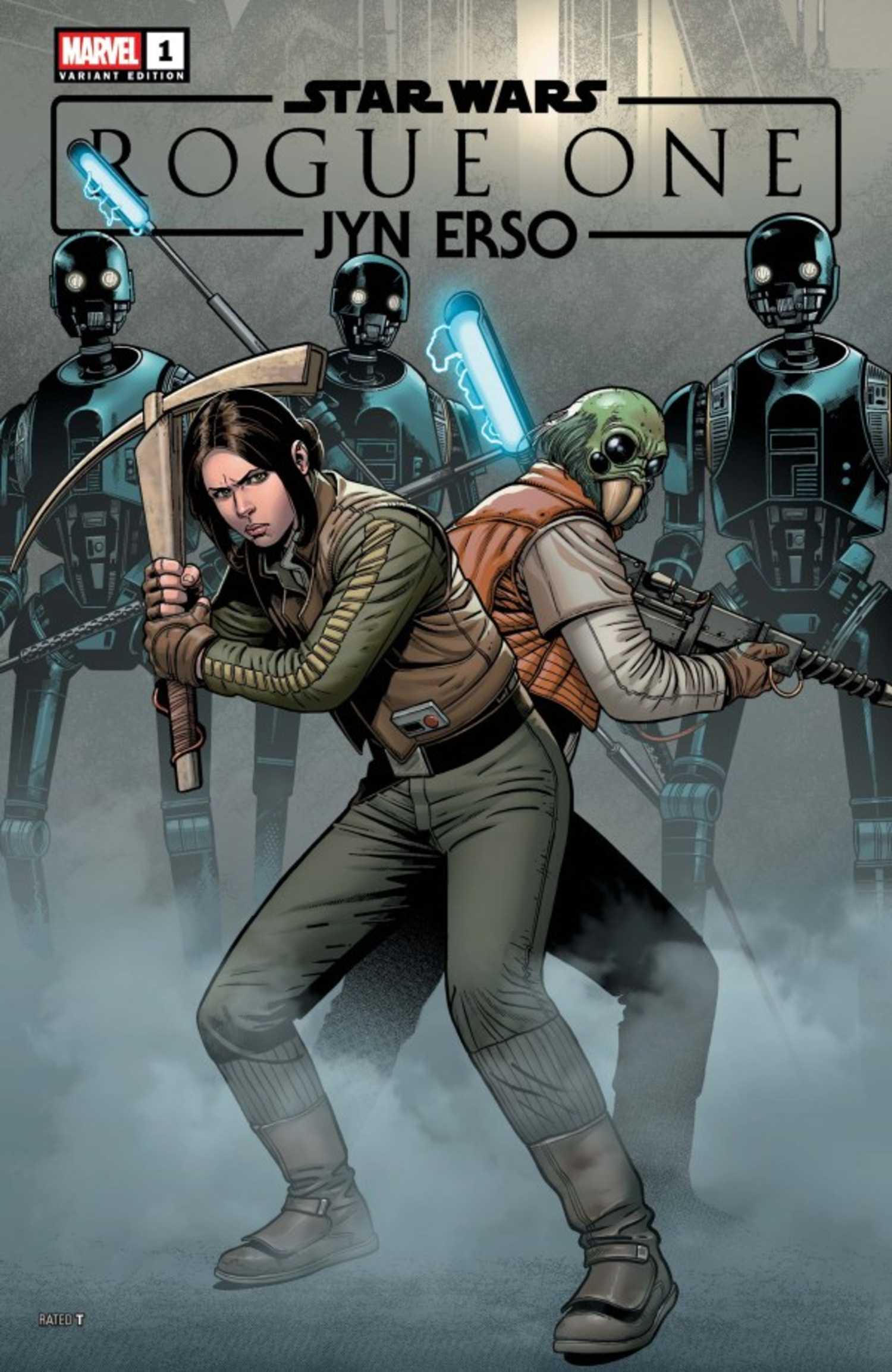 כריכת גרסה של Jyn Erso #1, Jyn ו-Aquilish נלחמים בדואידים באבטחה