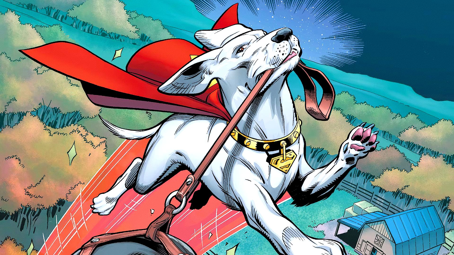 Krypto the Superdog flies over Smallville in DC Comics