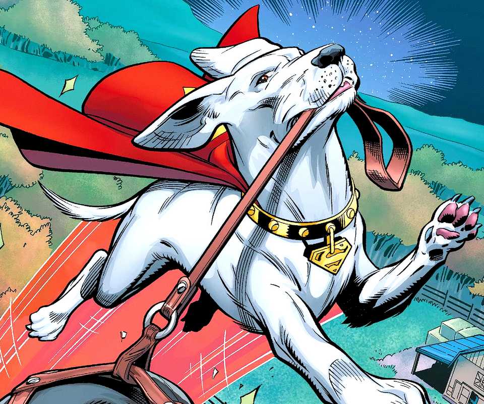 Krypto the Superdog flies over Smallville in DC Comics