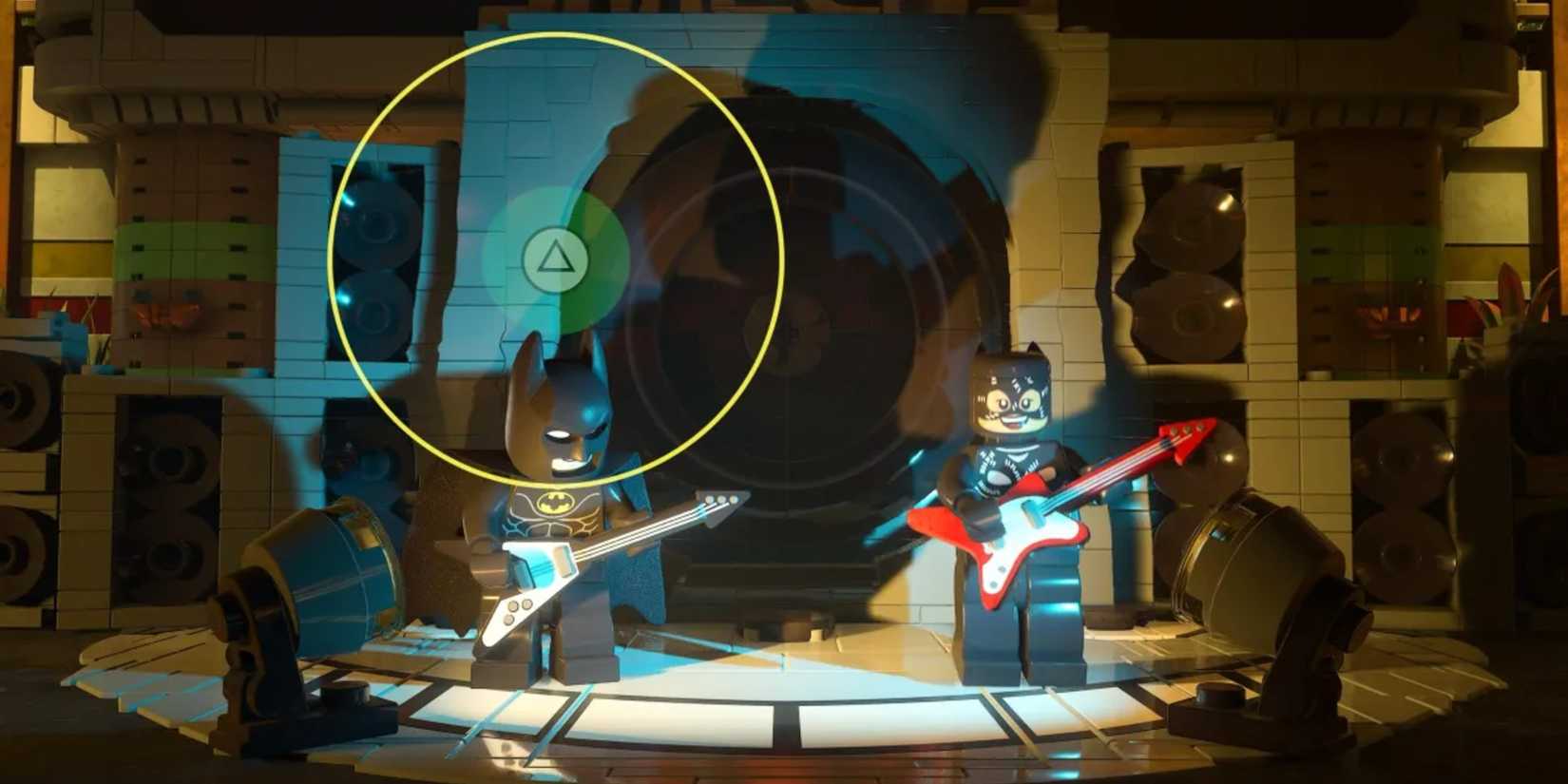 LEGO Batman and Catwoman playing guitar in Legacy of the Dark Knight