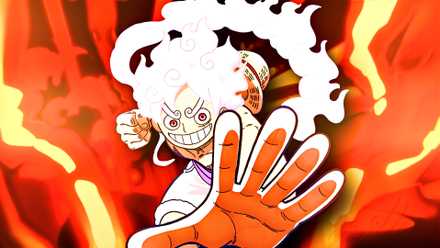 Luffy about to throw a punch in his Gear 5 form with Conqueror's Haki behind him.