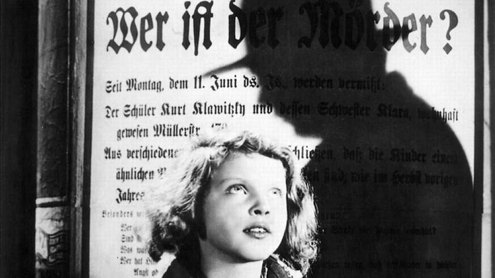 M (1931) poster with little girl looking up at shadow against newspaper headline backdrop