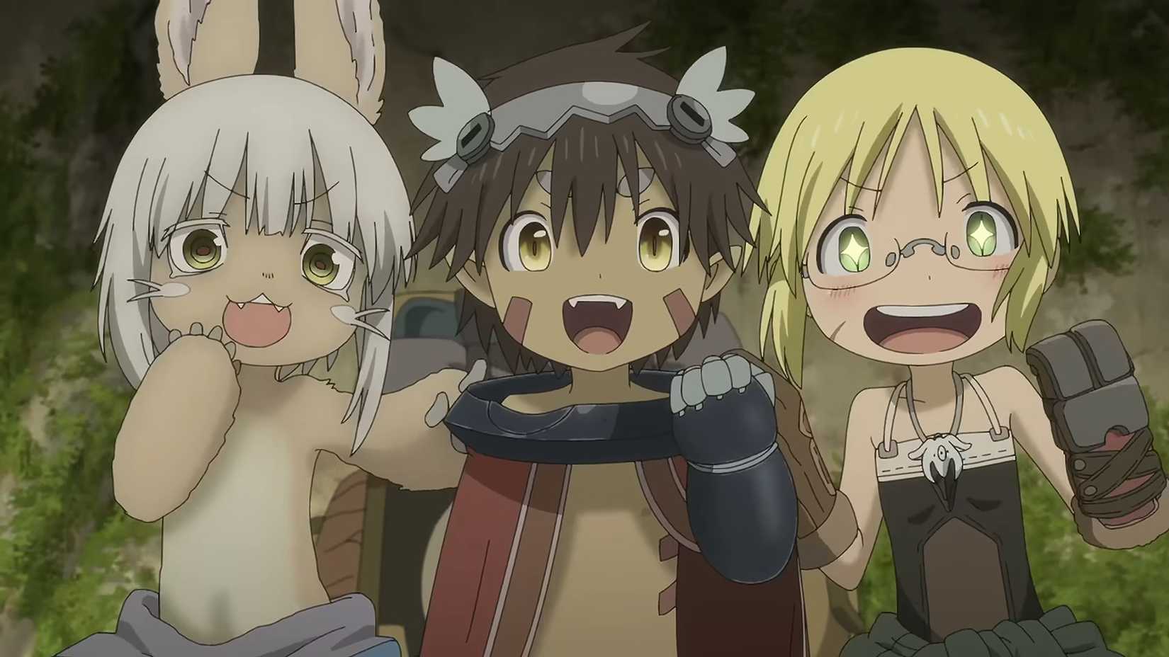 Nanachi, Reg, and Riko looking excited for adventures ahead in the Abyss.
