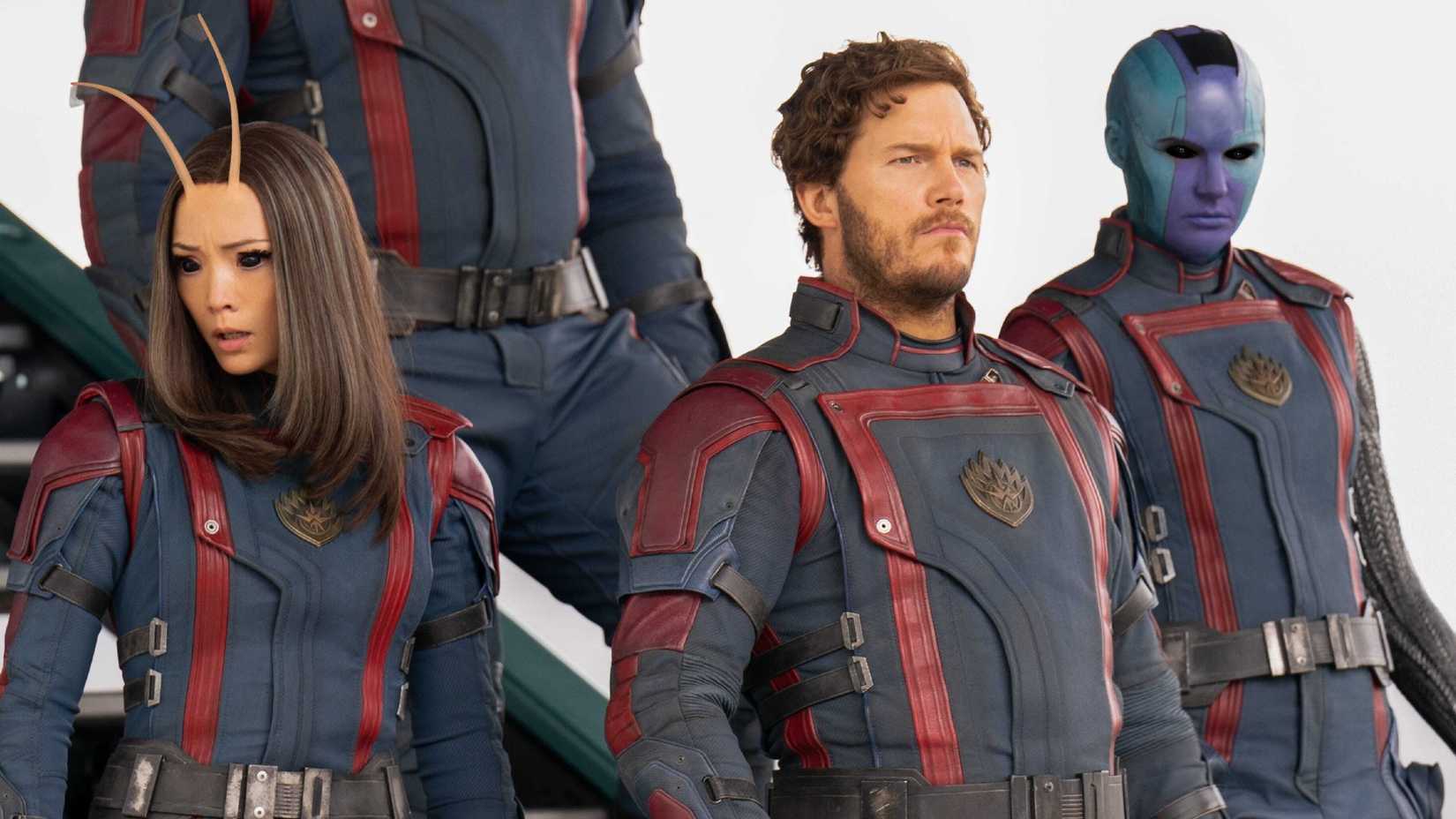 Mantis, Peter, and Nebula are walking out of the rocket in Guardians in the Galaxy Vol. 3