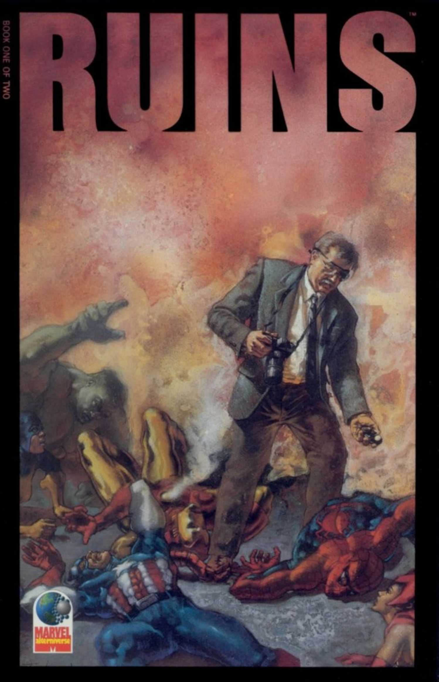 Marvel Ruins #1 cover, a photo journalist standing among dead superheroes