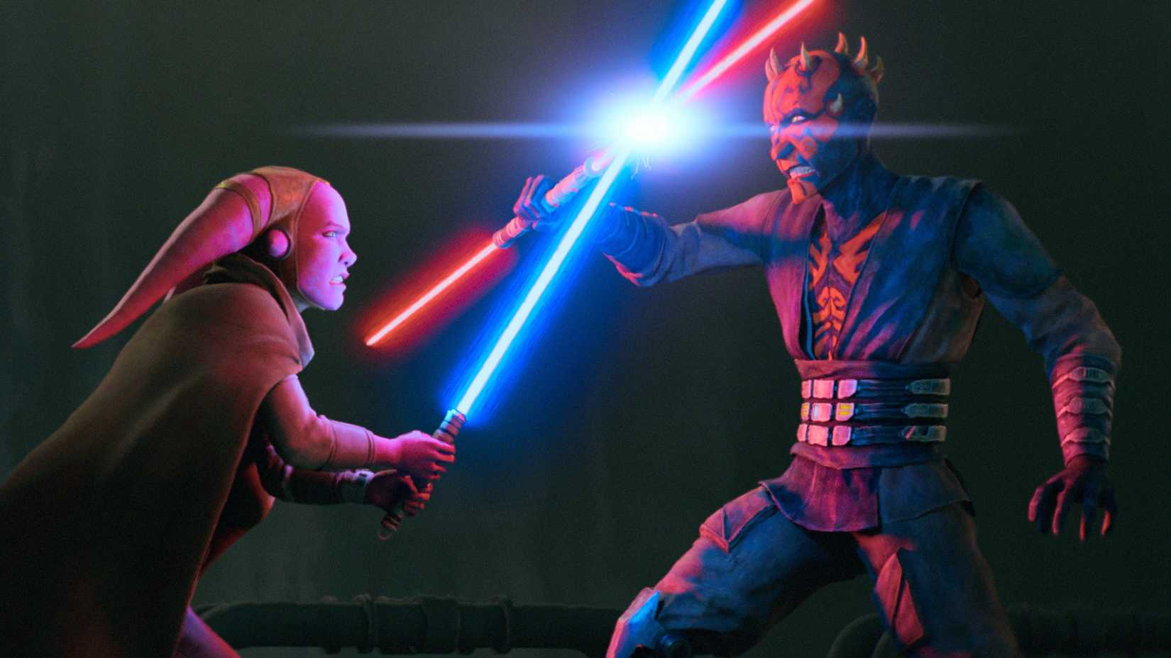 Duelo de sabres de luz em Star Wars: Maul - Shadow Lord.