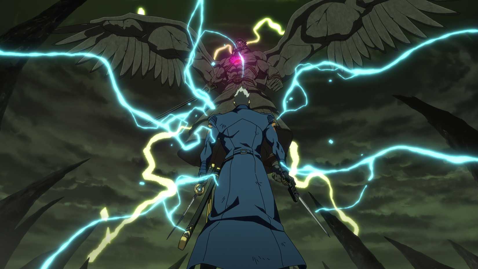 Mundus towering over Vergil in a fight with lightning striking around them in Devil May Cry season 2