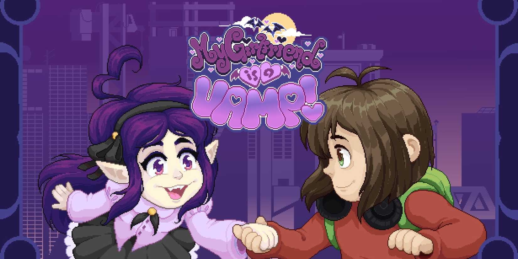 Two characters holding hands in My Girlfriend is a VAMP key art.