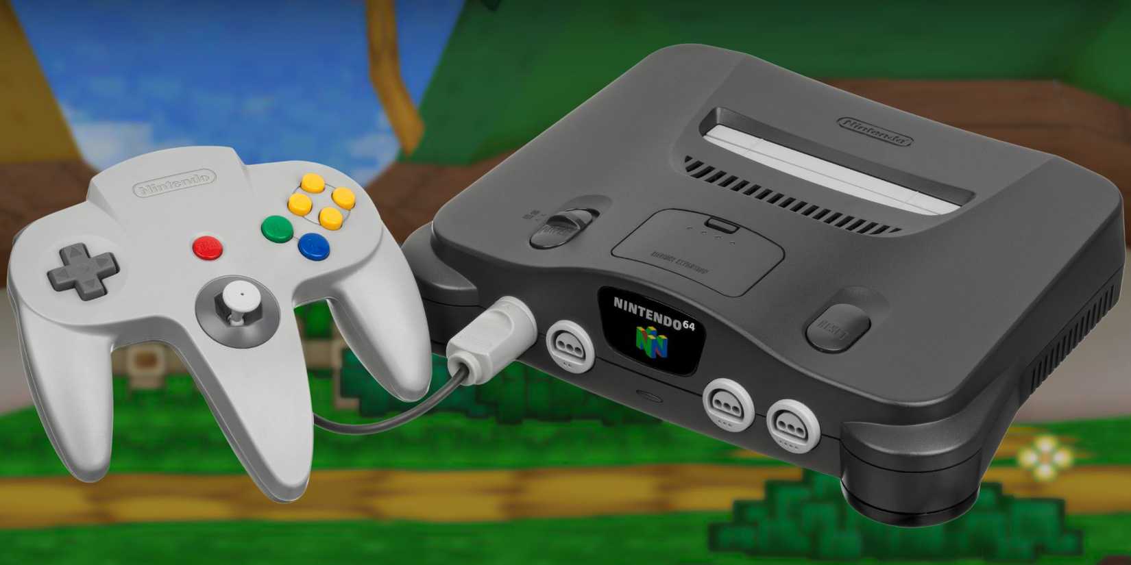 N64 in front of a blurry background of Paper Mario 64