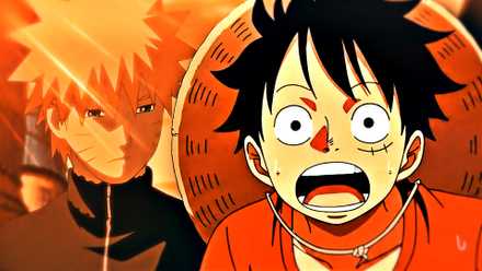 One Piece's Luffy looking shocked in an edited image with Naruto behind with a sad look.
