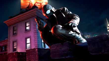 Nicolas Cage's The Spider holding a needle while perched on a rooftop in Spider-Noir