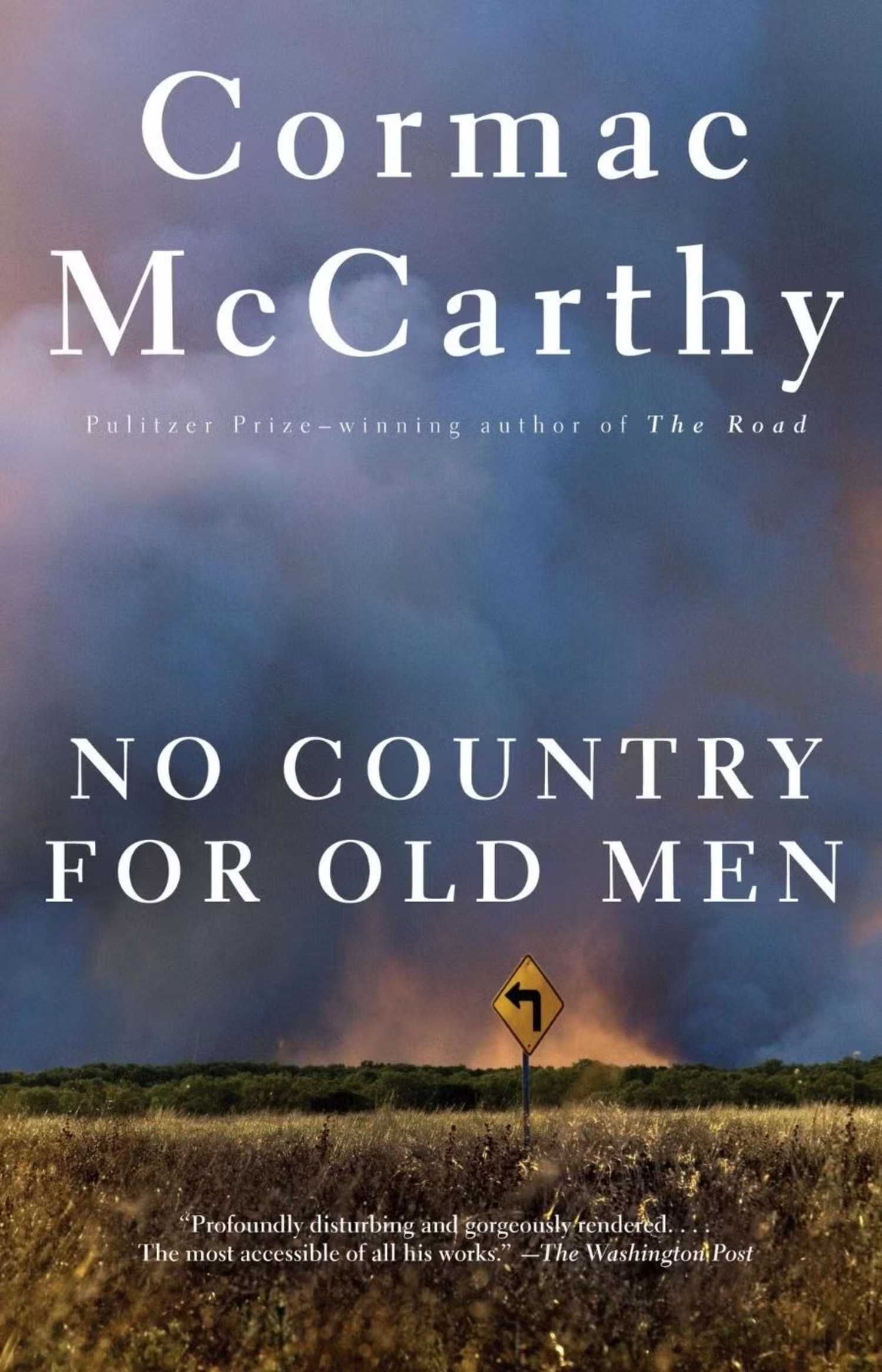 No Country For Old Men book cover, a left turn sign on a pastoral Western road