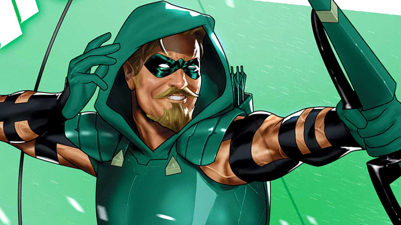 Oliver Queen aka Green Arrow shoots an arrow in DC Comics cover