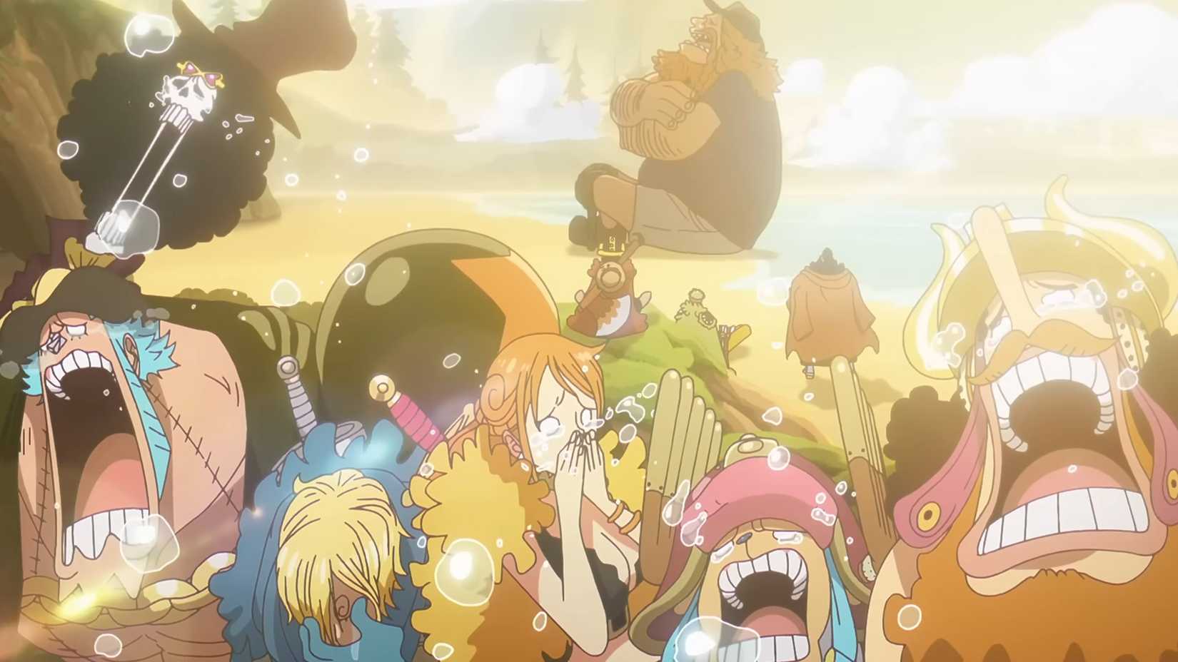 The Straw Hats crying at Robin and Saul's reunion
