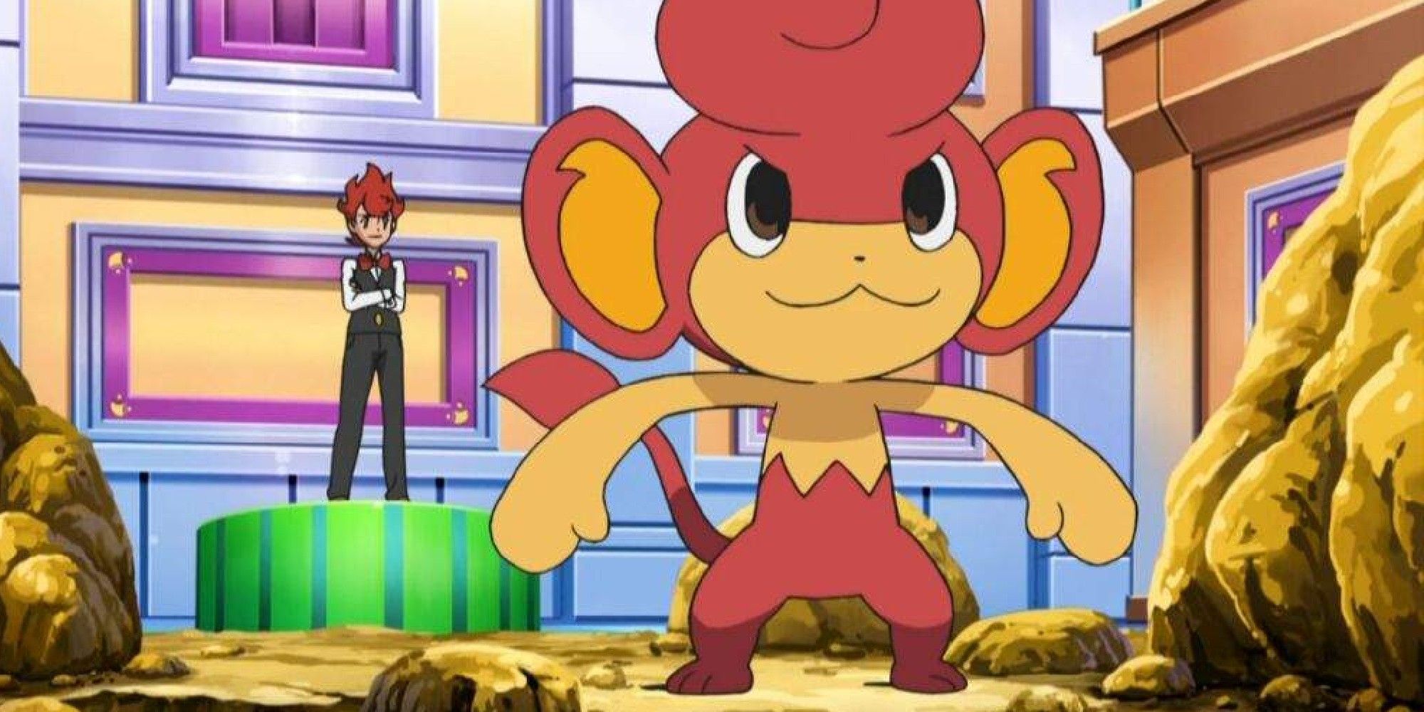 Pansage pokemon red variant squaring off with trainer behind it