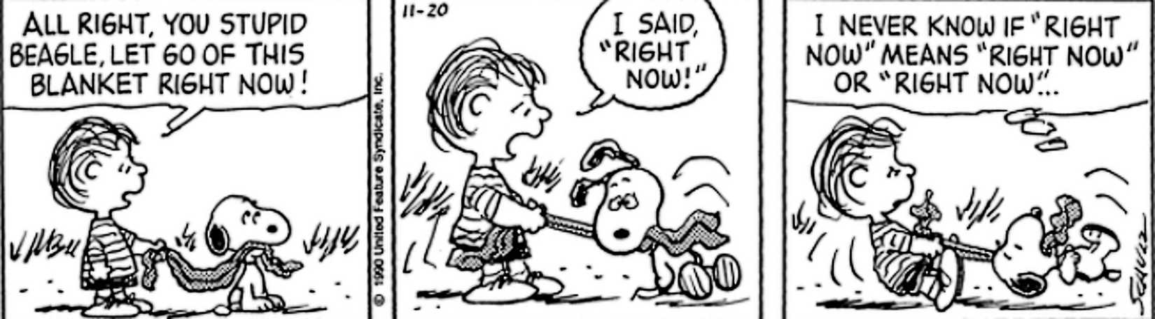 Peanuts, Linus and Snoopy fight over his blanket