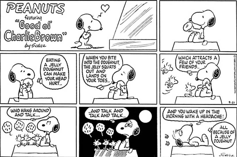 Peanuts, Snoopy explains the perils of a jelly doughnut