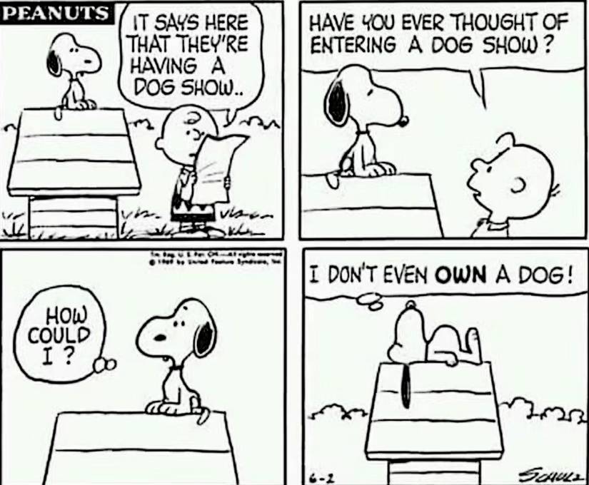 Peanuts, Snoopy says he doesn't own a dog